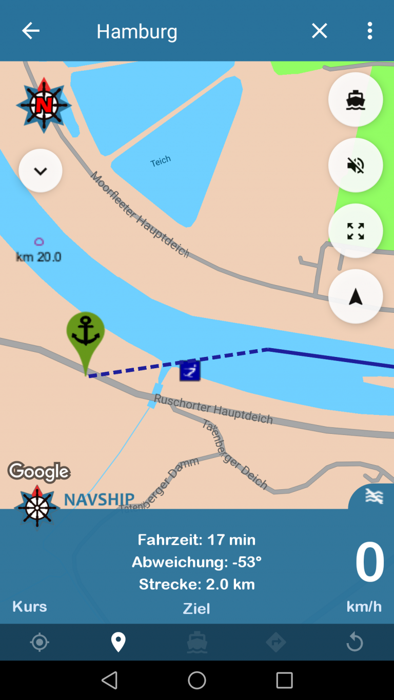 Was bedeutet die gestrichelte, blaue Linie? NavShip BootRoutenplaner
